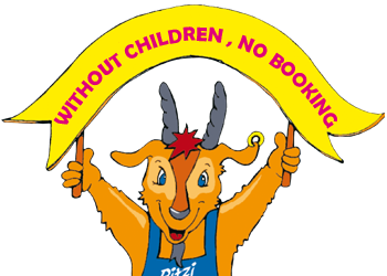 Pitzis mascot, a goat, holding a sign with the text no booking without children