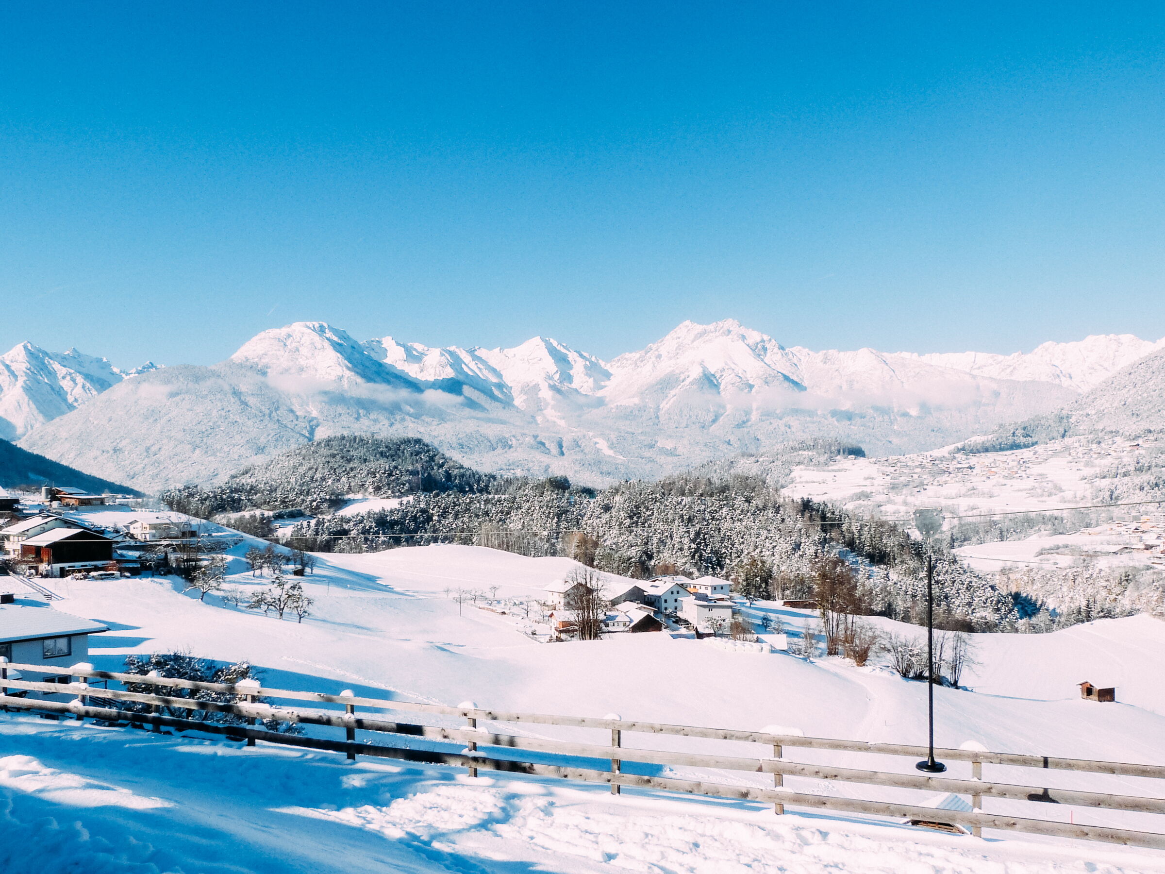 A marvellous view of the snow-covered Alpine landscape of Tyrol in winter.