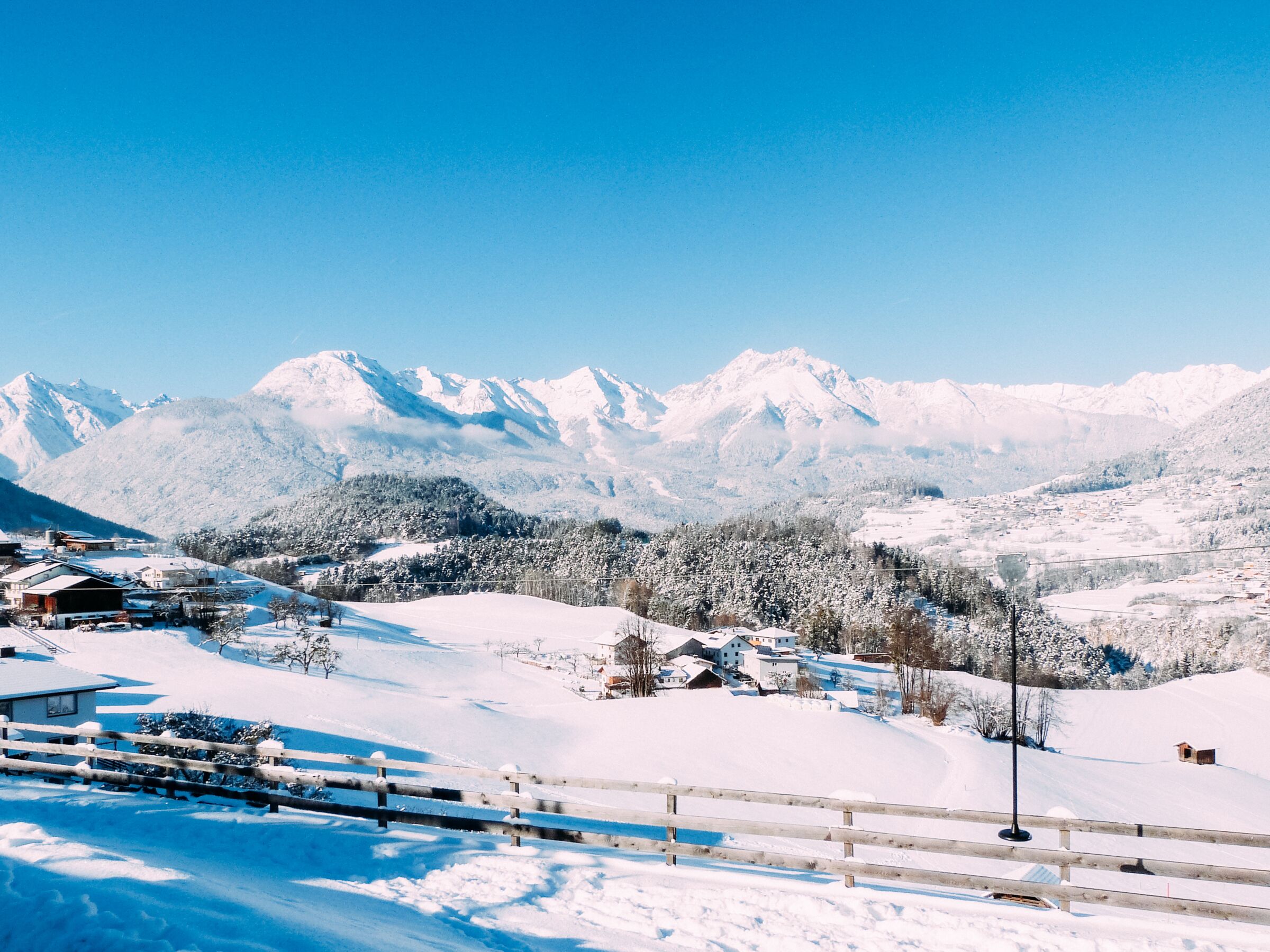 A marvellous view of the snow-covered Alpine landscape of Tyrol in winter.
