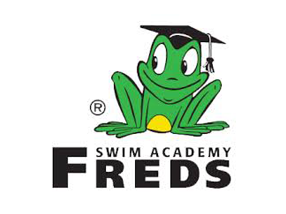 Green frog with doctor's hat above "Fred's Swim Academy" lettering.