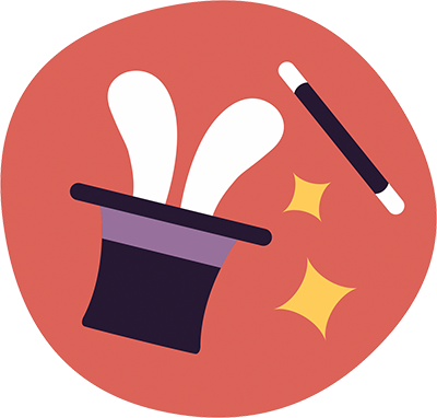 A red-colored icon with a rabbit in a magic hat and a magic wand in the middle