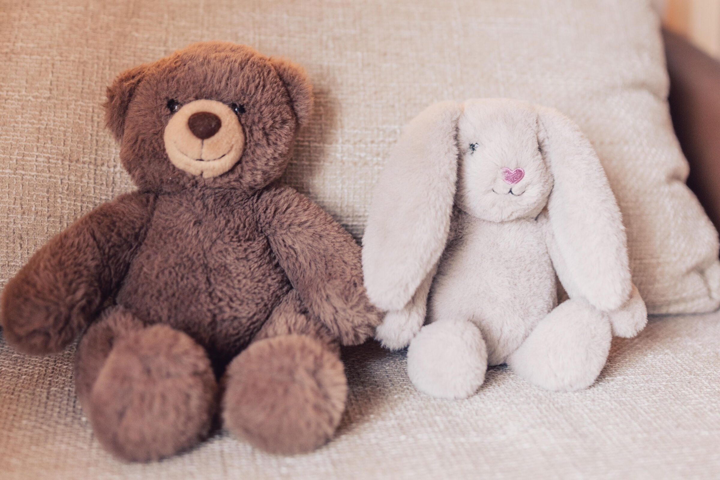 Two cuddly toys, a bear and a rabbit, on a soft sofa.