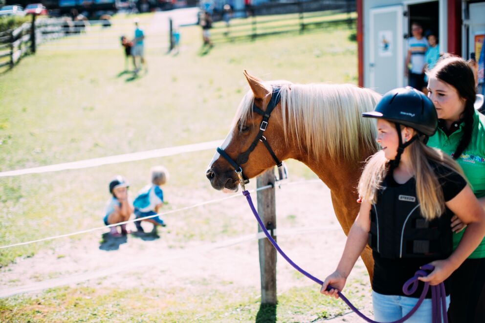 Girl with pony and helmet in the sunny outdoor area at the Kinderhotel.