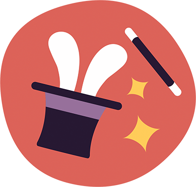 Ein rotes Icon mit einem Kaninchen mit einem Zauberhut und einem Zauberstab in der Mitte